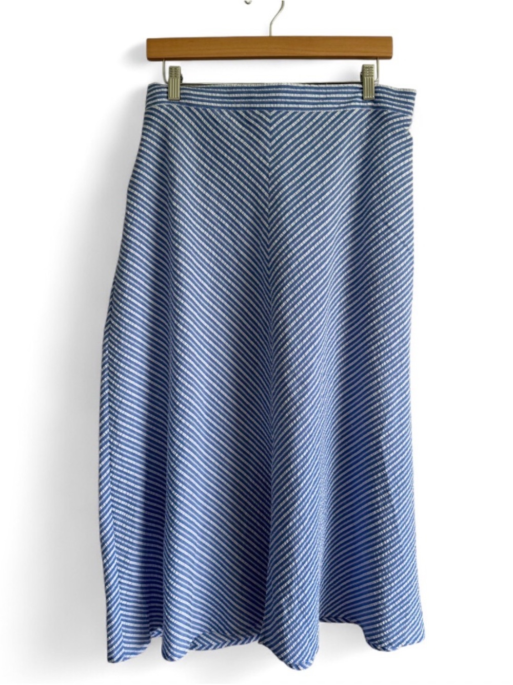 Westport Striped Seersucker  Midi Skirt Tie Waist Coastal Nautical Cottagecore L